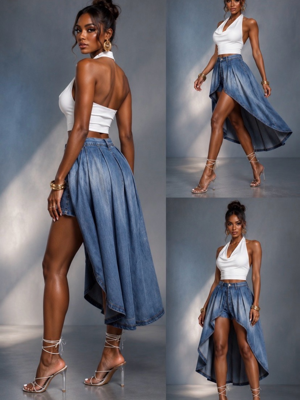 High-Low Denim Skirt with Built-In Shorts - Blue - Picture 3 of 3